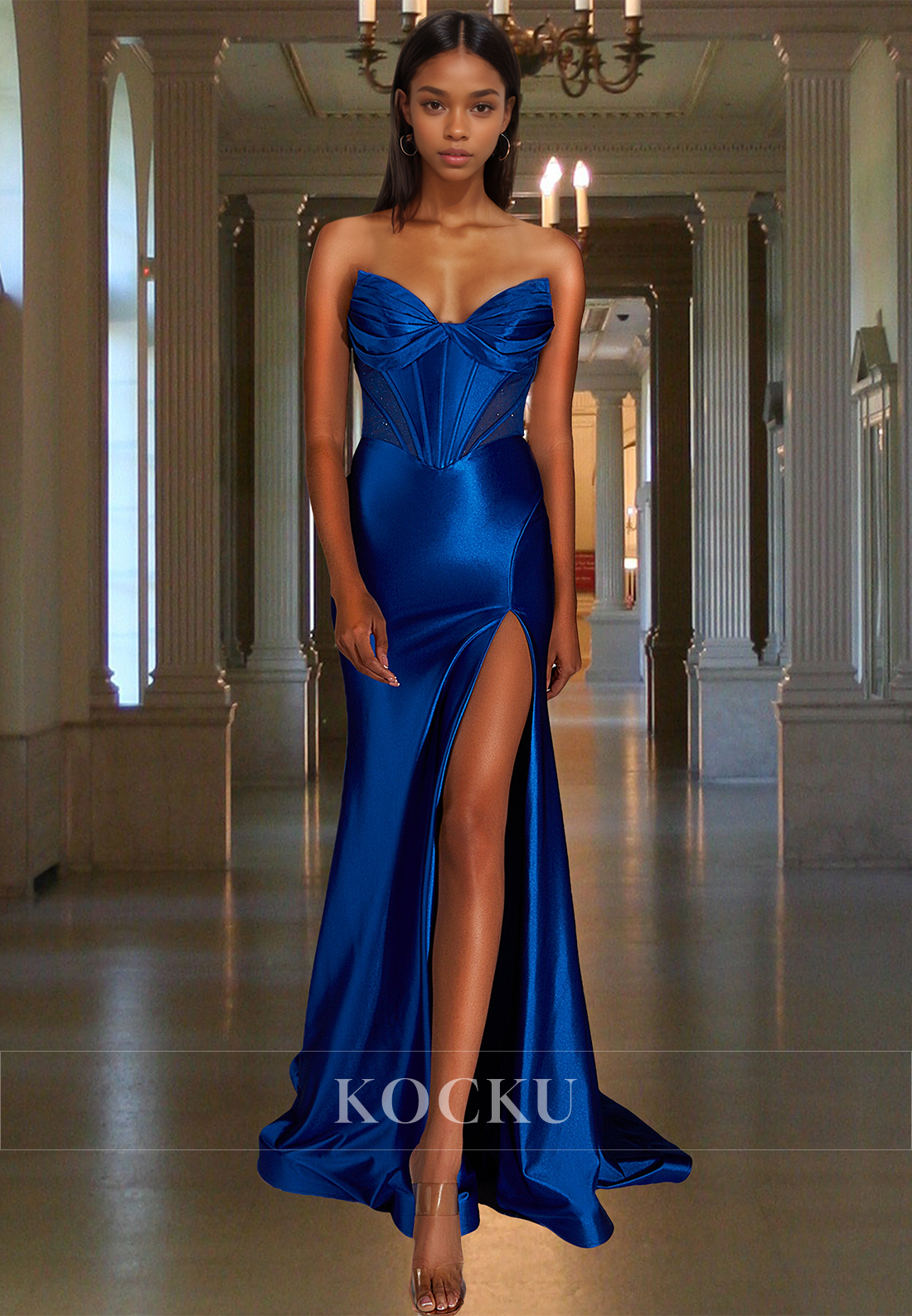 Elegant Sweetheart Sleeveless Sweep Train Stripe Satin Pleats Formal Prom Dress with Slit