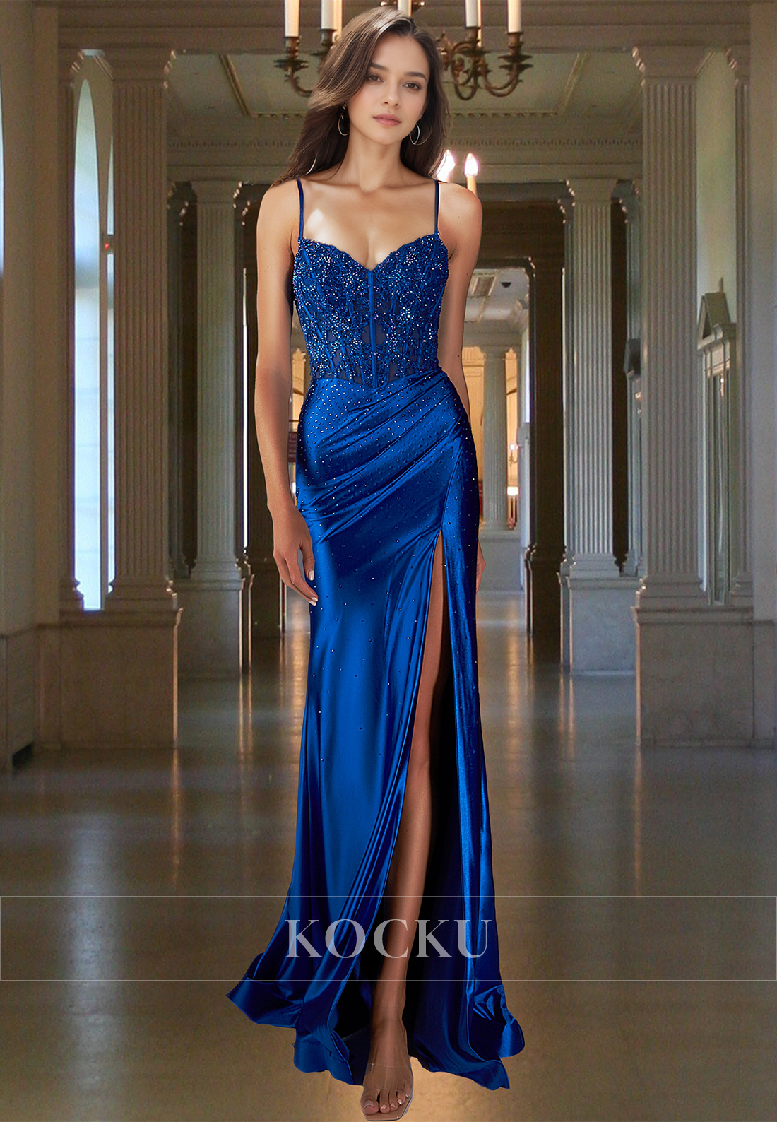 Fully Beaded Straps Sweetheart Satin Fitted Satin Appliuqes Party Prom Dress with Slit