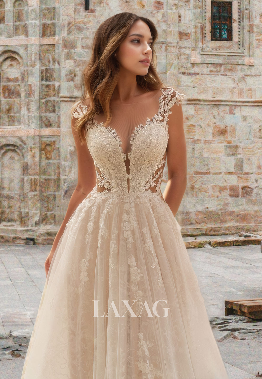 Deep V-Neck Straps Sleeveless A-Line Wedding Dress Allover Lace Applique Bride Gowns with Train
