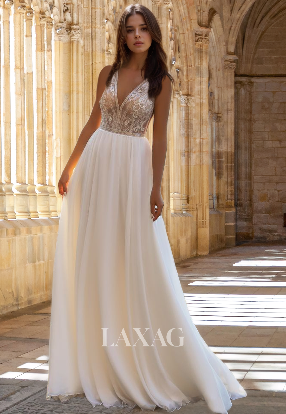 Deep V-Neck Straps Sleeveless Bride Gowns Off-Shoulder Lace Applique Chiffon A-Line Wedding Dress