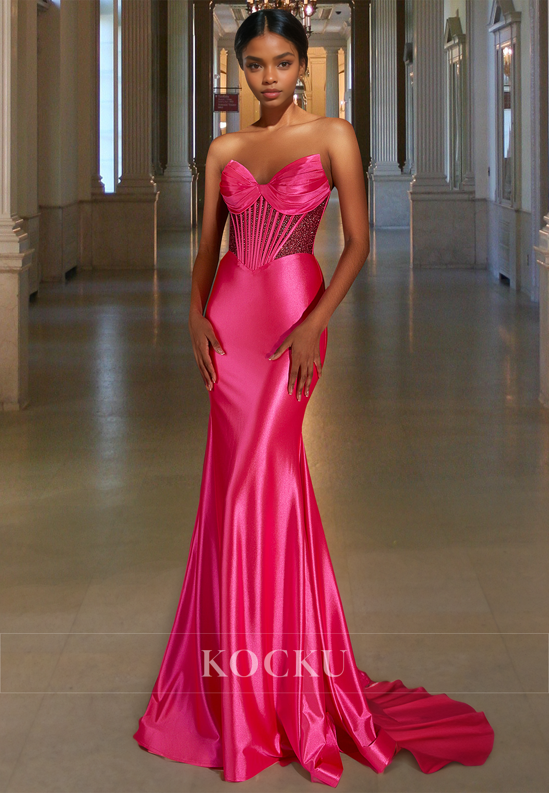 Beaded Sweetheart Mermaid Sleeveless Stripe Satin Prom Party Dress with Train