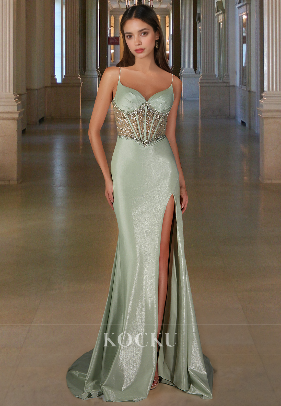 Spaghetti Straps Sweetheart Fitted Satin Side Slit Train Party Prom Dress with Beaded
