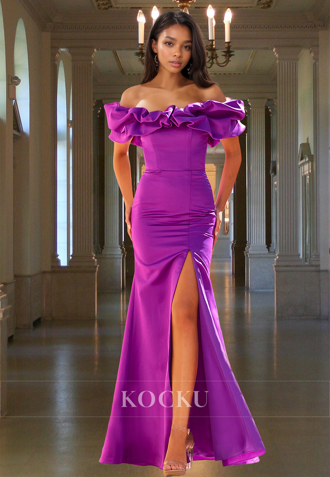 Striking Strapless Mermaid Prom Dress Sleeveless Pleats Satin Formal Gowns with Side Slit
