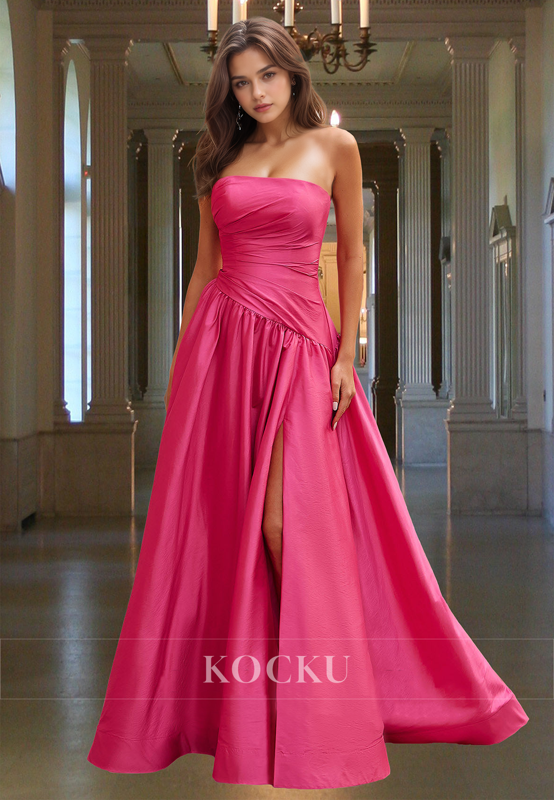 Classic A-Line Tube Top Sleeveless Floor-Length Pleated Prom Party Dress with Slit