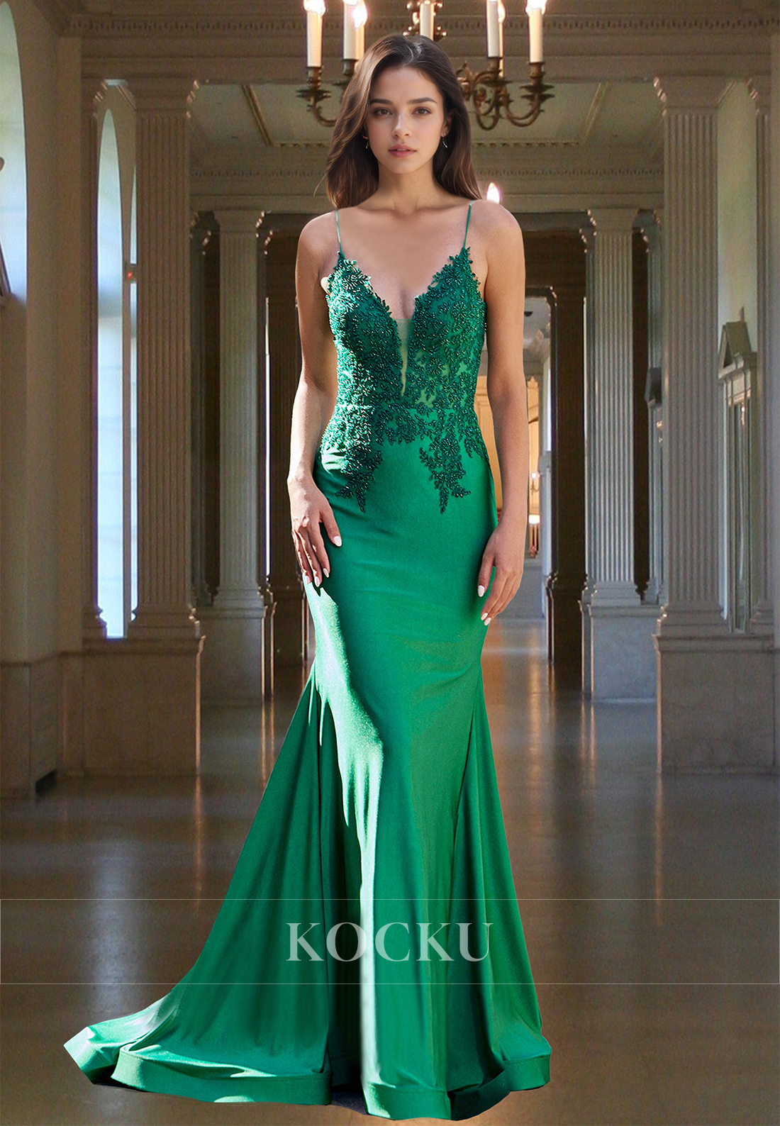 Beaded Spaghetti Straps V-Neck Fitted Satin Sweep Train Prom Formal Dress with Appliques