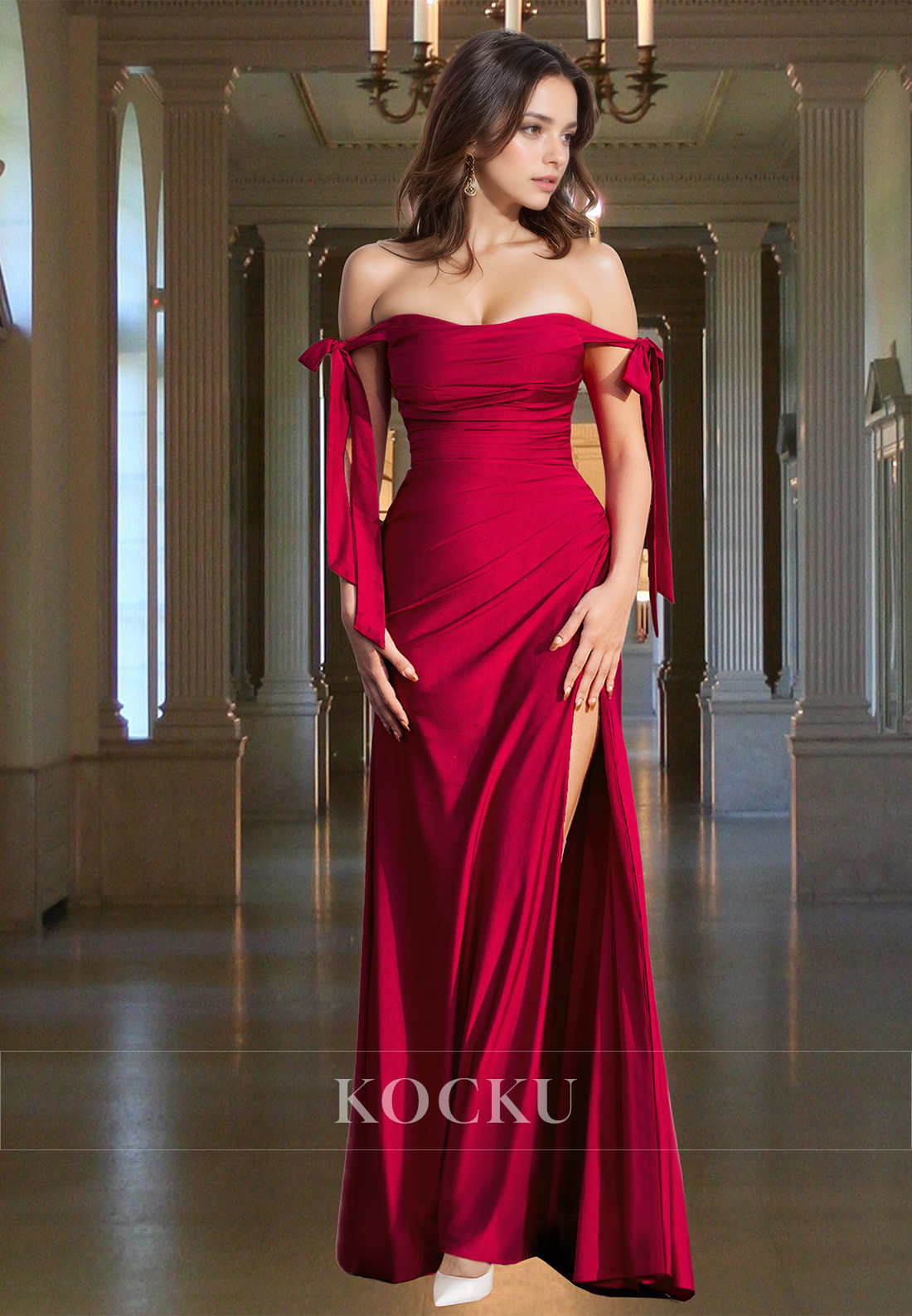 Sexy Off-Shoulder Empire Waist Side Slit Pleated Satin Long Party Prom Dress with Bows