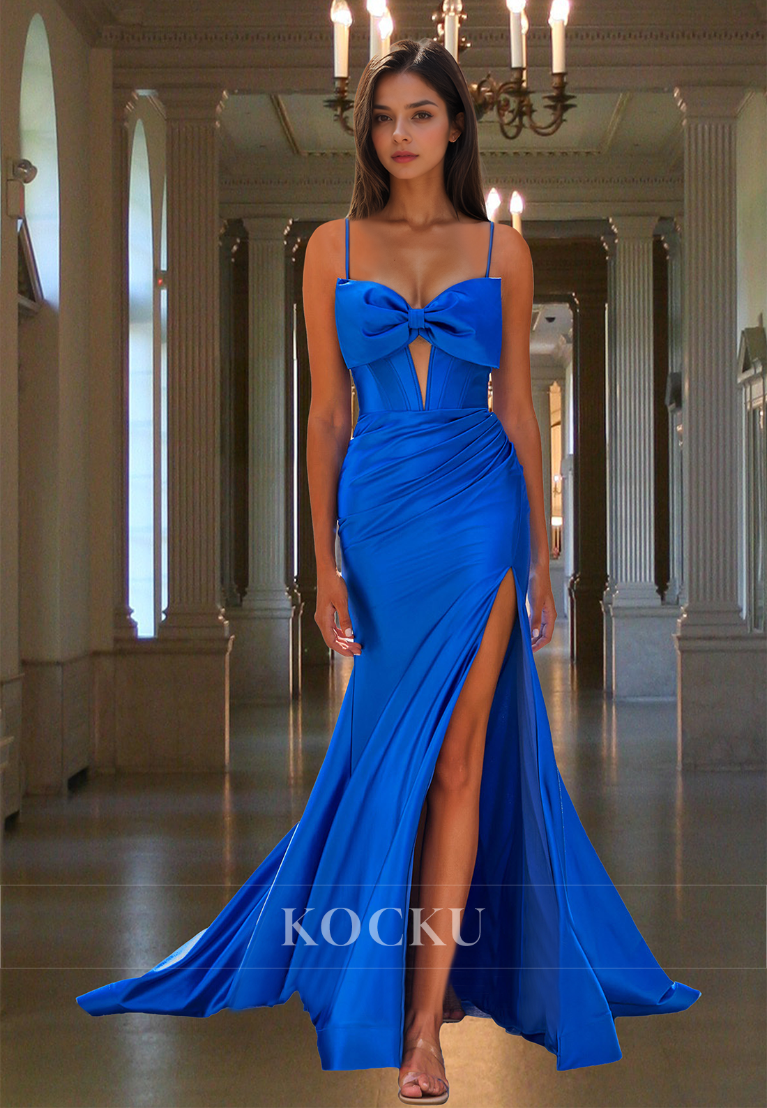 Royal Blue Spaghetti Stras Fitted Satin High Slit Train Long Formal Prom Dress with Bows
