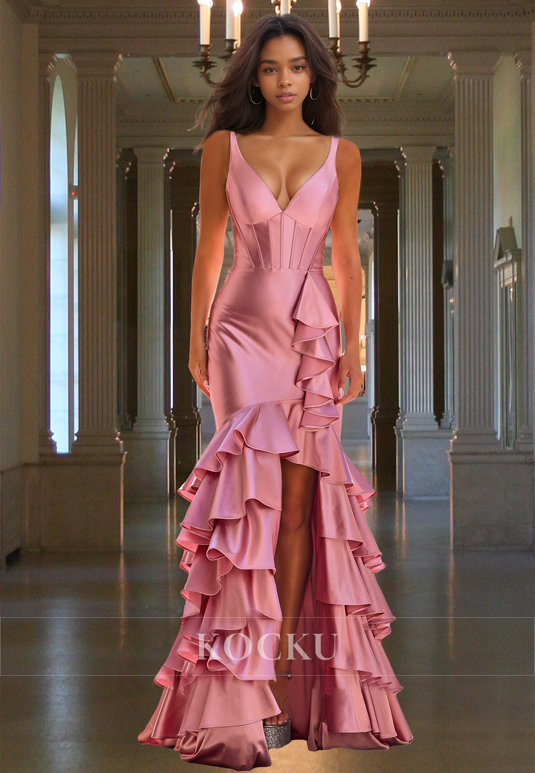 Gorgeous V-Neck Straps Mermaid Sleeveless Pleated Satin Evening Formal Gowns with Slit