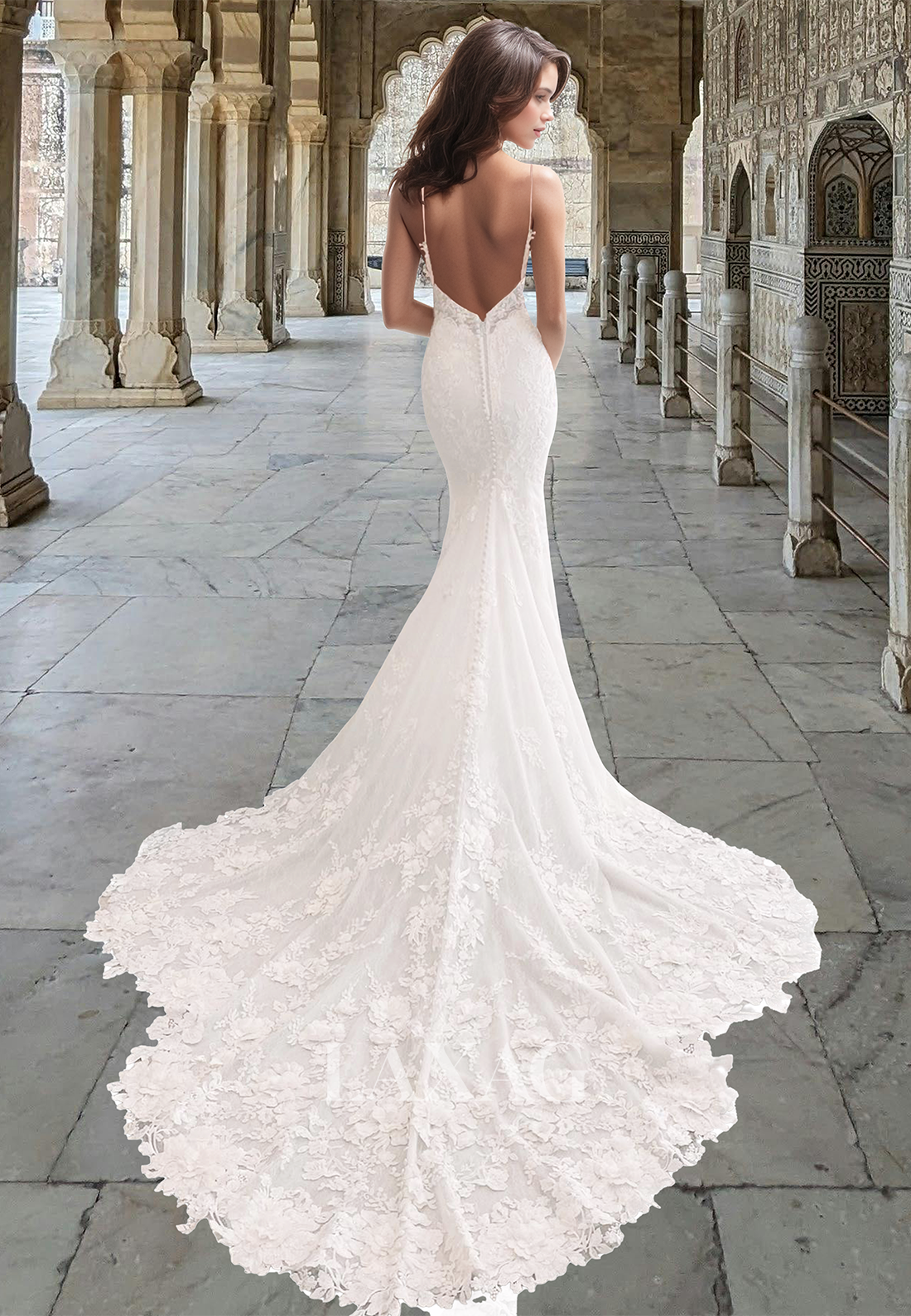 Deep V-Neck Spaghetti Straps Mermaid Wedding Dress Allover Lace Applique Bride Gowns with High Slit