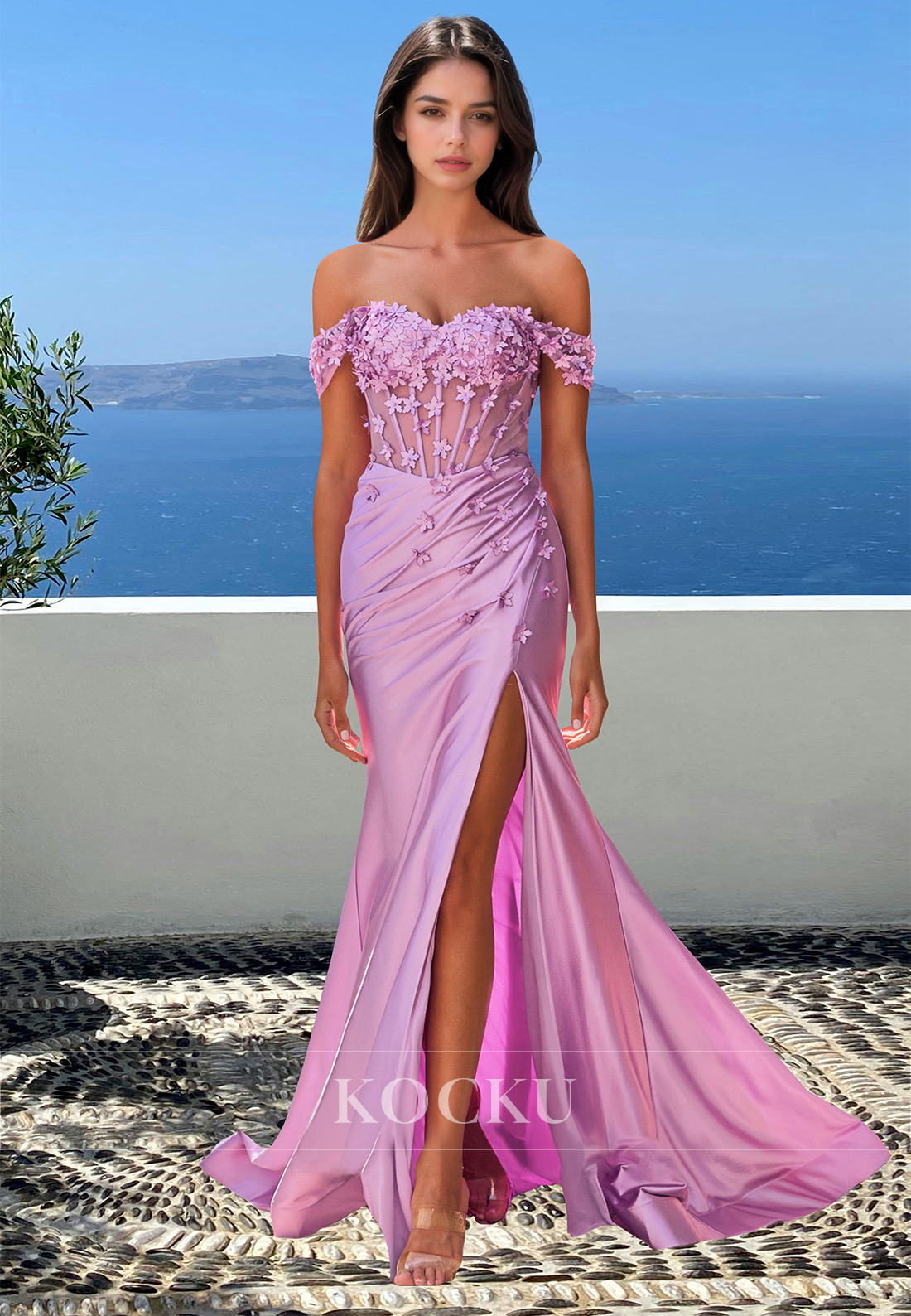 Elegant Empire Waist Sweetheart Side Slit Pleats Fitted Satin Formal Prom Dress with Floral