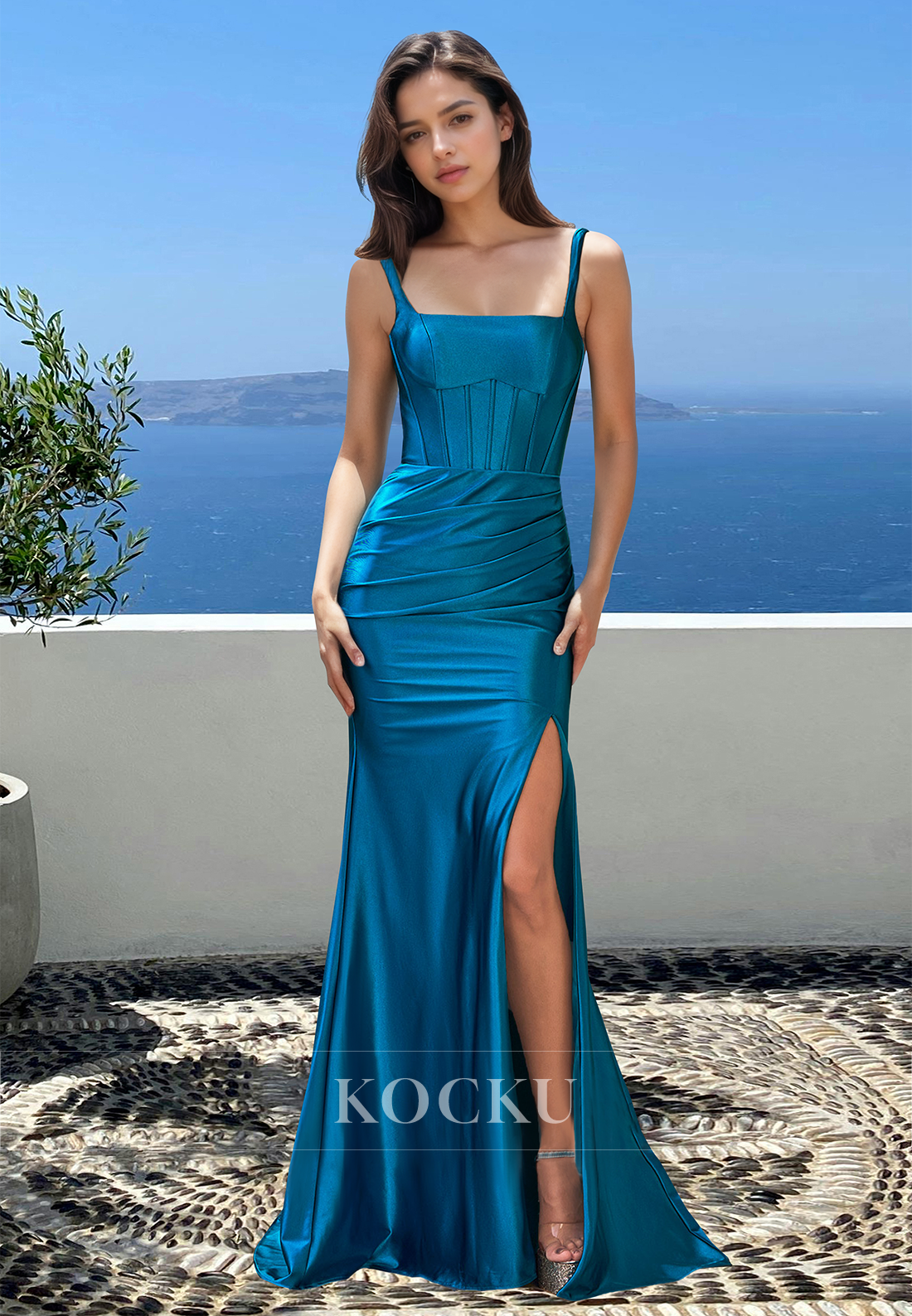 Classic Square Neck Straps Side Slit Empire Waist Pleated Satin Formal Prom Dress with Train