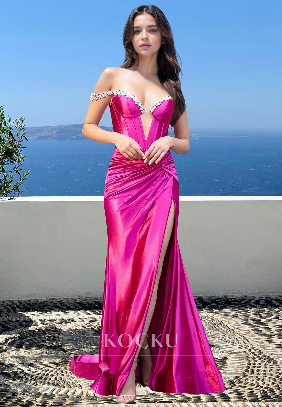 Beaded Off-Shoulder Sleeveless Sheath Pleated Satin Prom Party Dress with Slit
