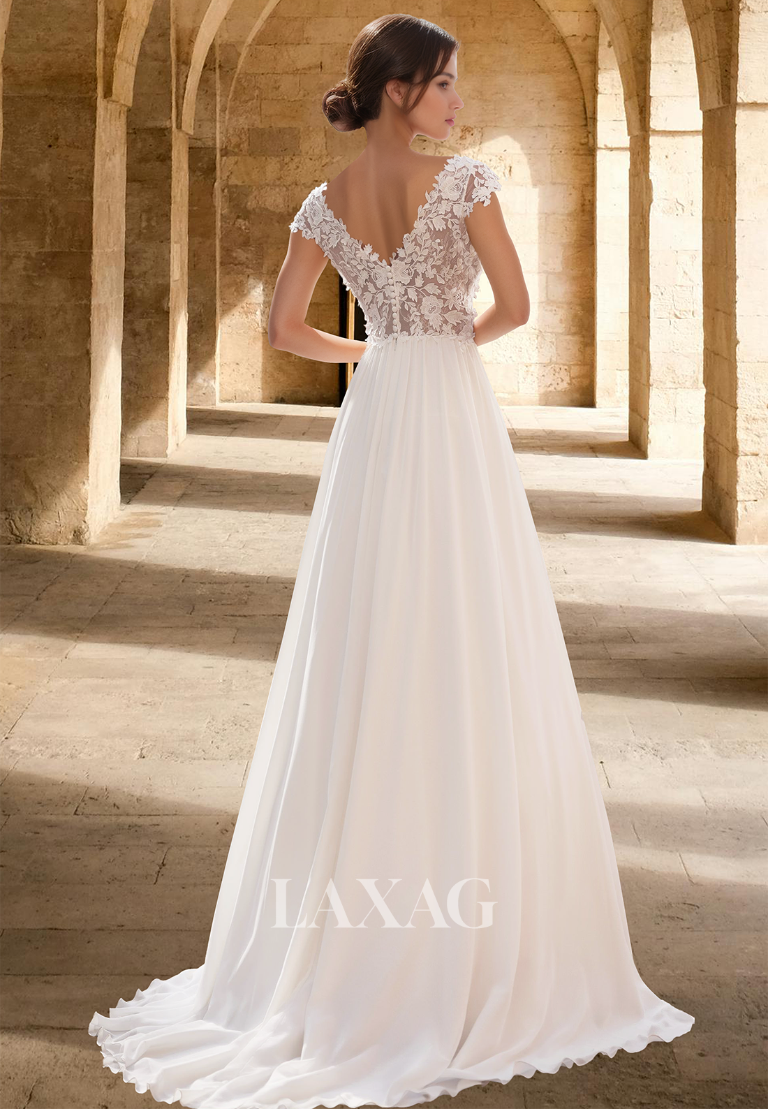 Deep V-Neck Spaghetti Straps Short-Sleeves A-Line Wedding Dress Lace Applique Pleated Cutout Bride Gowns