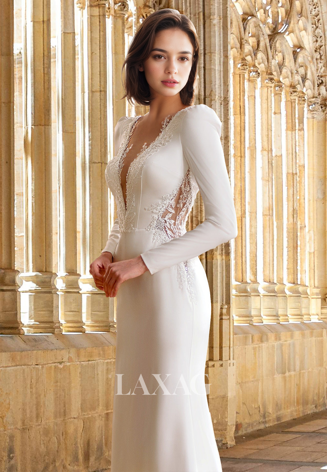 Deep V-Neck Long-Sleeves Mermaid Wedding Dress Bride Gowns Beaded Applique Pleated Bride Gowns