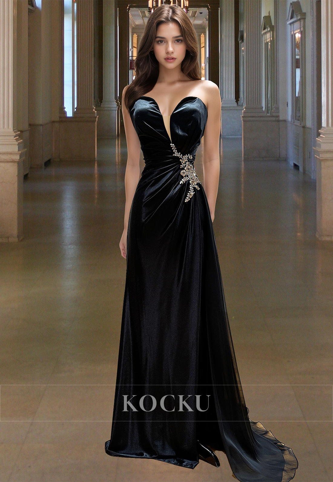 Elegant Black Sweetheart A-Line Pleated Satin Prom Formal Party Dress with Beaded