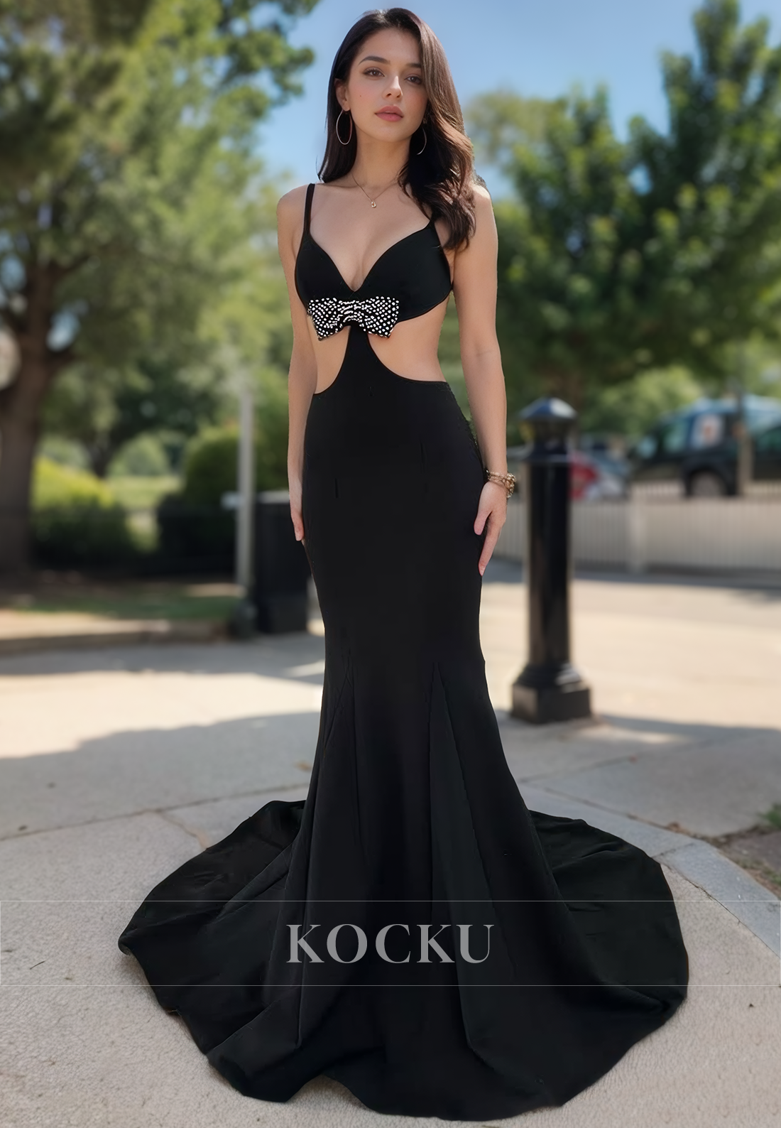 Elegant Sweetheart Straps Mermaid Satin Beaded Bows Formal Prom Dress with Train