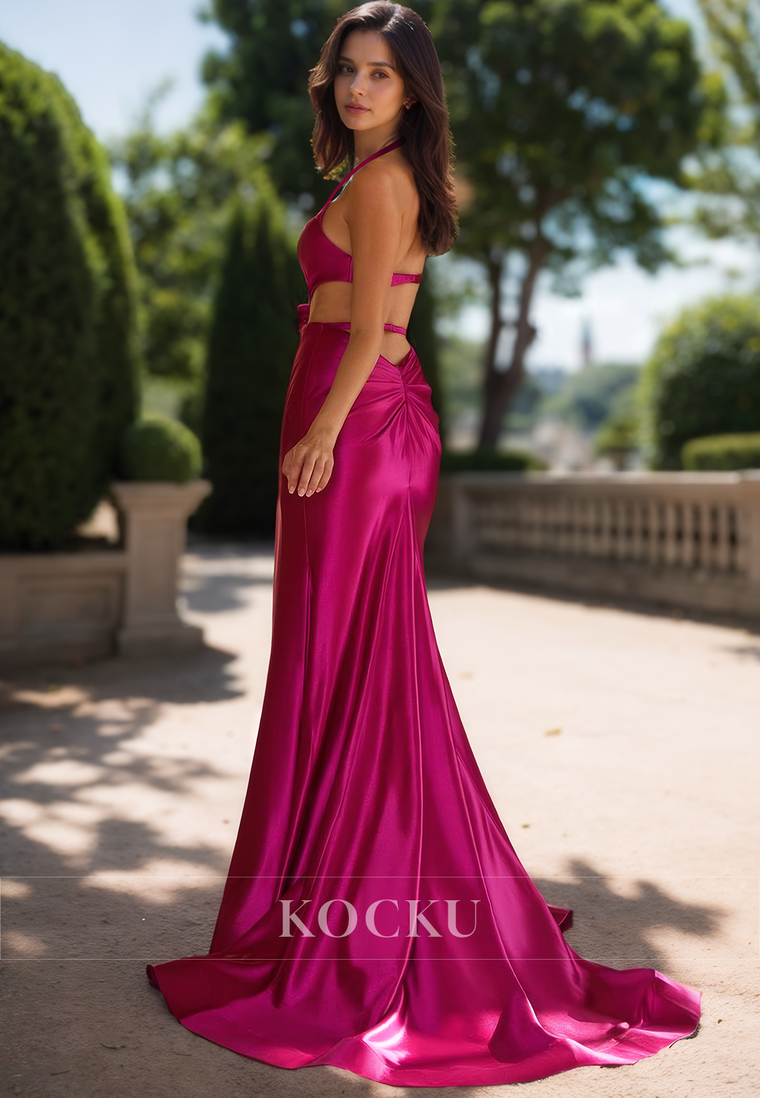 Sexy Halter V-Neck Sleeveless High Slit Floral Satin Party Prom Dress with Train