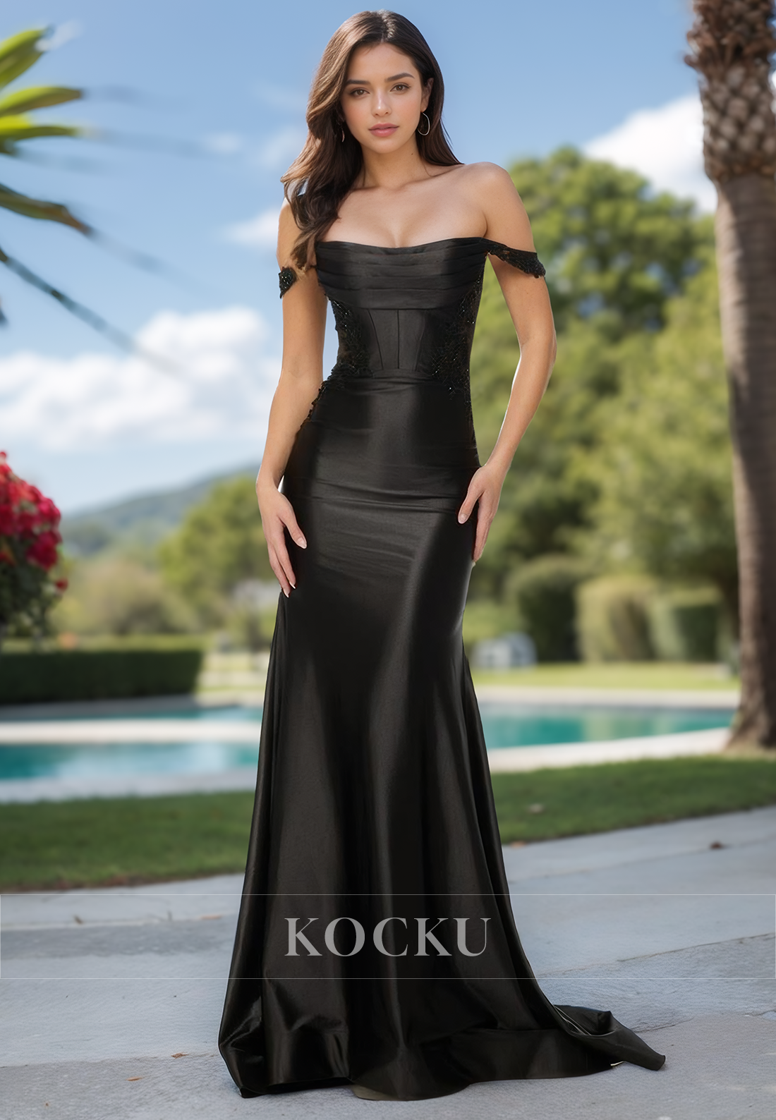 Elegant Off-Shoulder Sleeveless Sheath Satin Appliques Formal Prom Dress with Train