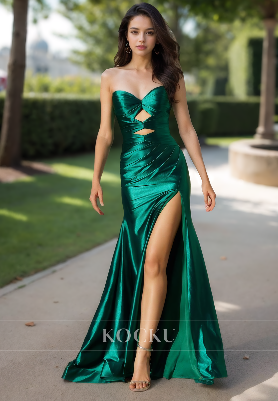 Elegant Sweetheart Sheath High Slit Pleats Satin Long Formal Prom Dress with Train