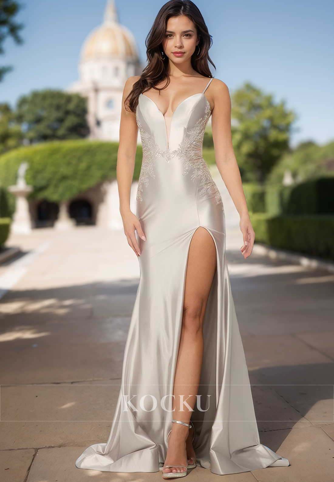Classic V-Neck Spaghetti Straps High Slit Sheath Satin Prom Dress with Appliques Party Gowns