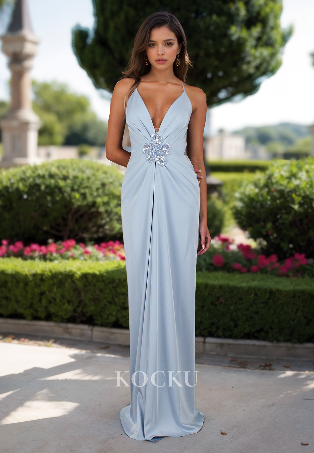 Gorgeous Spaghetti Straps V-Neck Sheath Floral Satin Evening Prom Dress with Beads