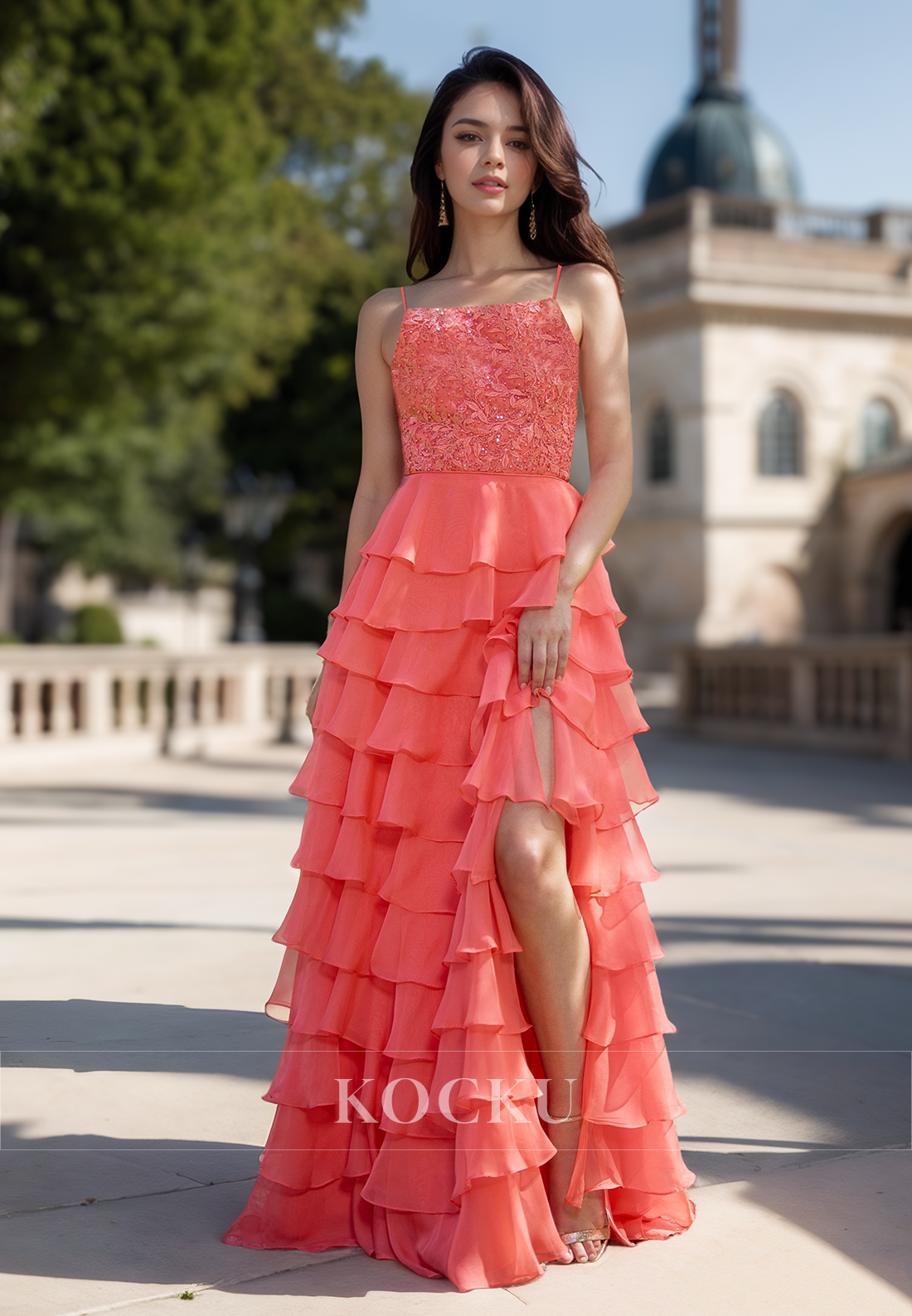 Elegant Beaded A-Line Square Neck Straps Tiered Lace Prom Party Evening Dress with Appliques
