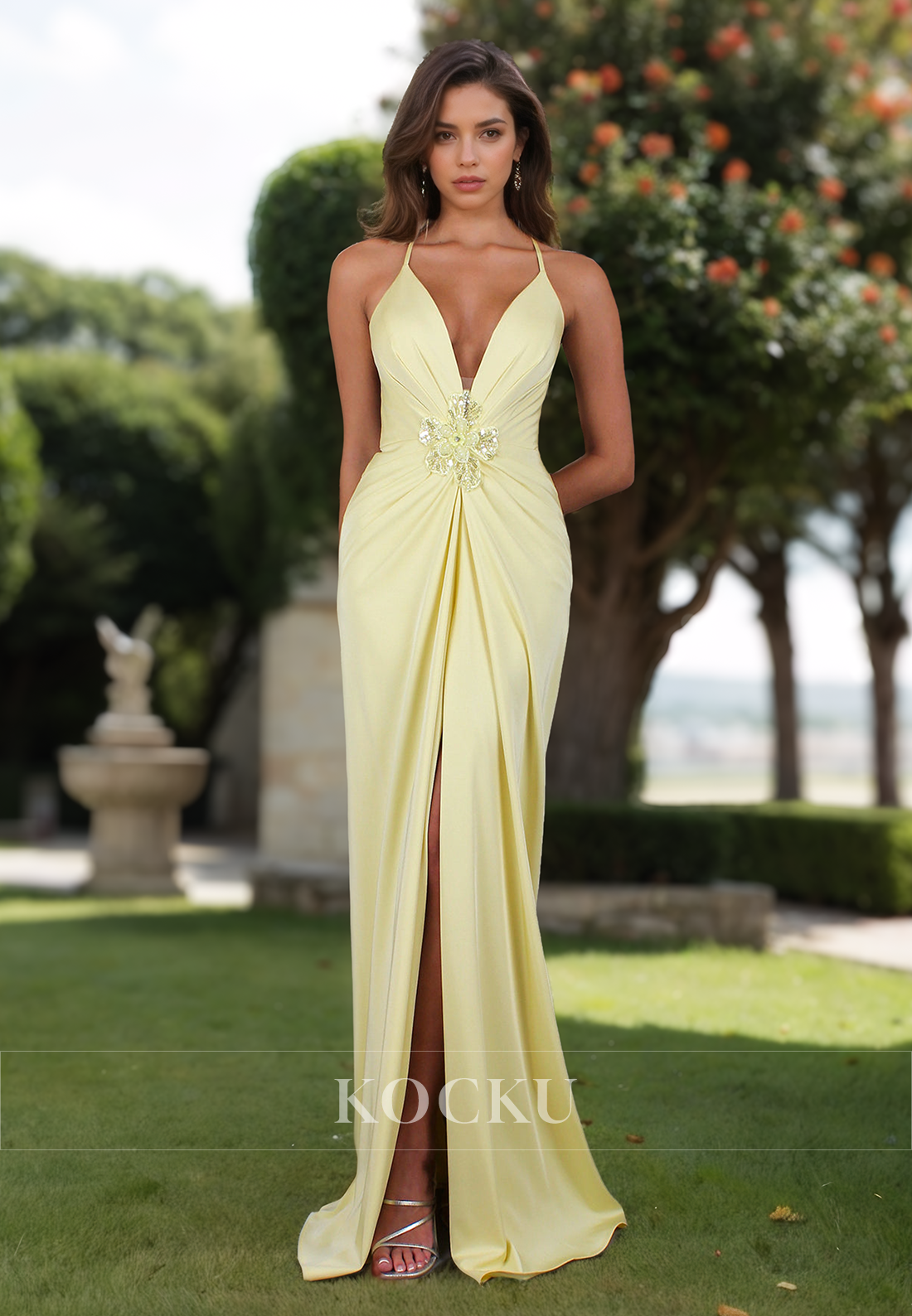 Gorgeous Spaghetti Straps V-Neck Sheath Floral Satin Evening Prom Dress with Beads