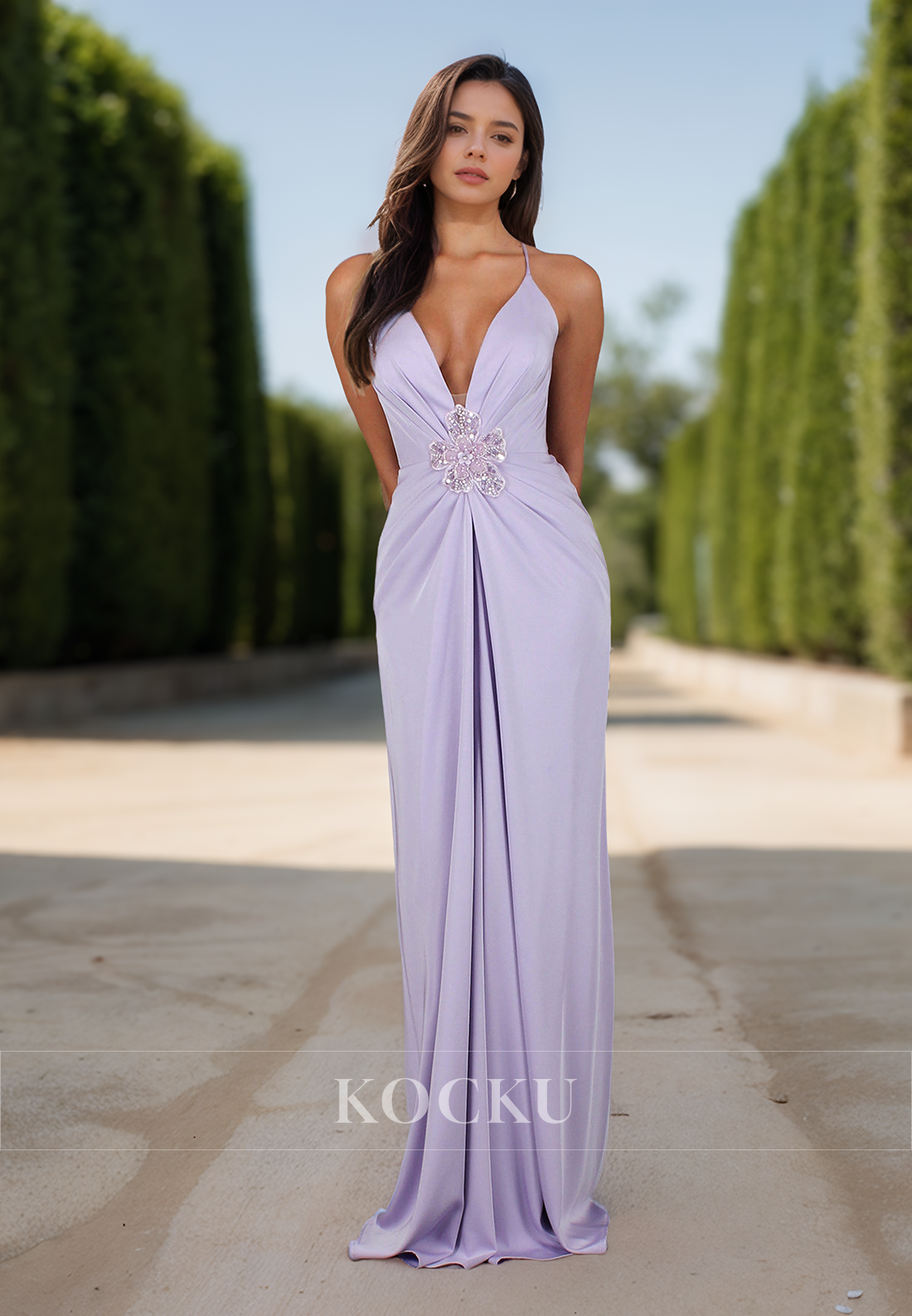 Gorgeous Spaghetti Straps V-Neck Sheath Floral Satin Evening Prom Dress with Beads