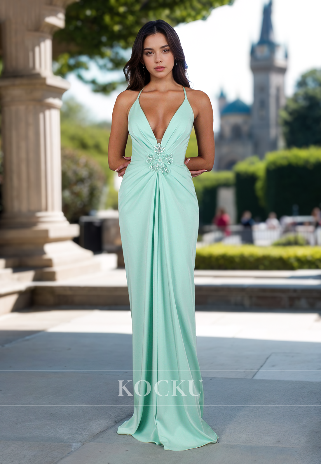 Gorgeous Spaghetti Straps V-Neck Sheath Floral Satin Evening Prom Dress with Beads