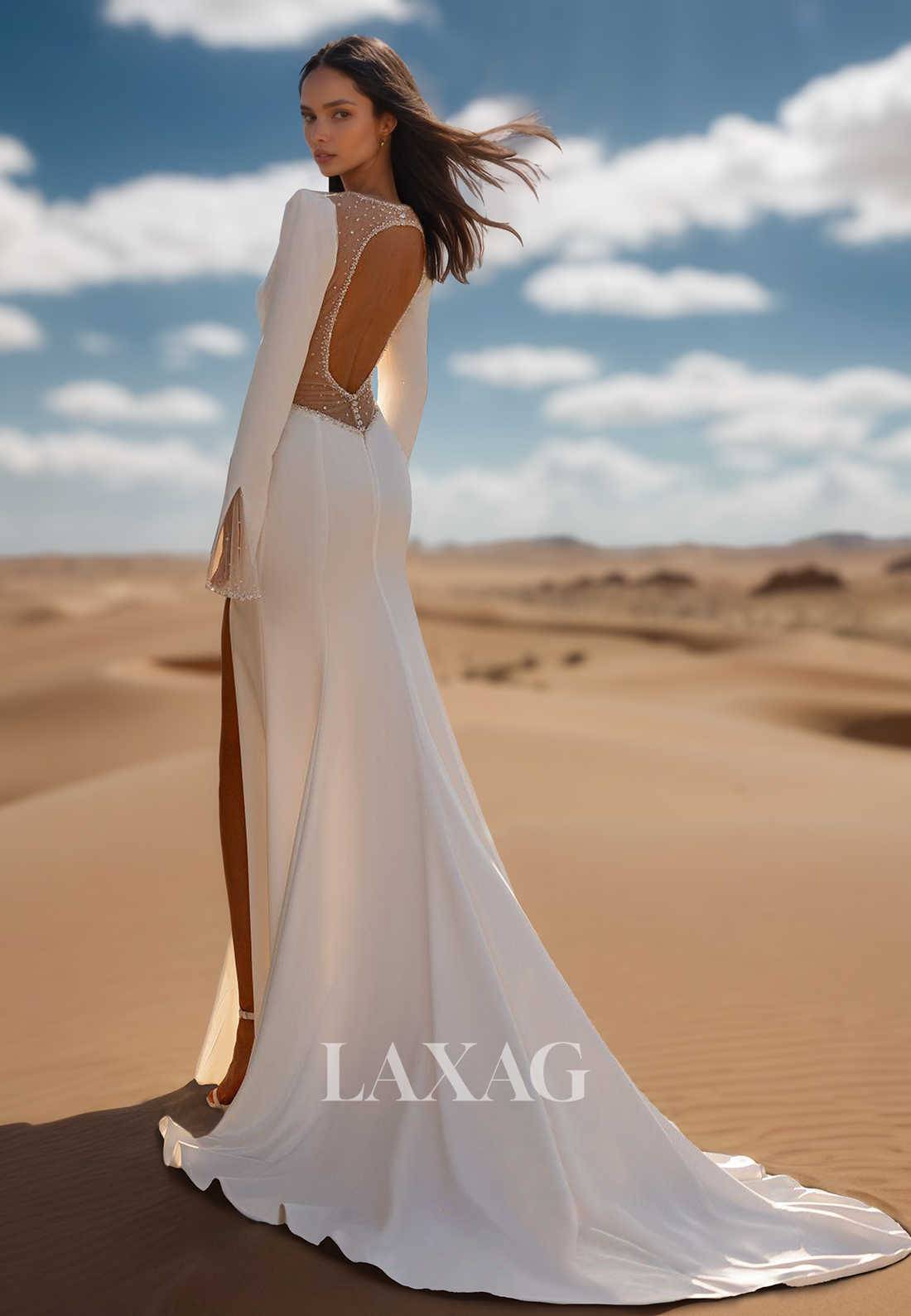 Deep V-Neck Long Sleeves Mermaid Wedding Dress Beaded Pleated Chiffon Bride Gowns with Sweep Train