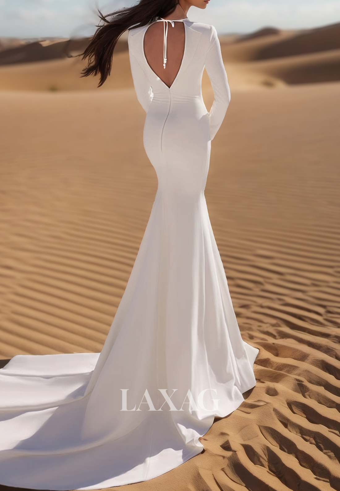 Deep V-Neck Long-Sleeves Sweep Train Bride Gowns Sequined Beaded Pleated Satin Mermaid Wedding Dress