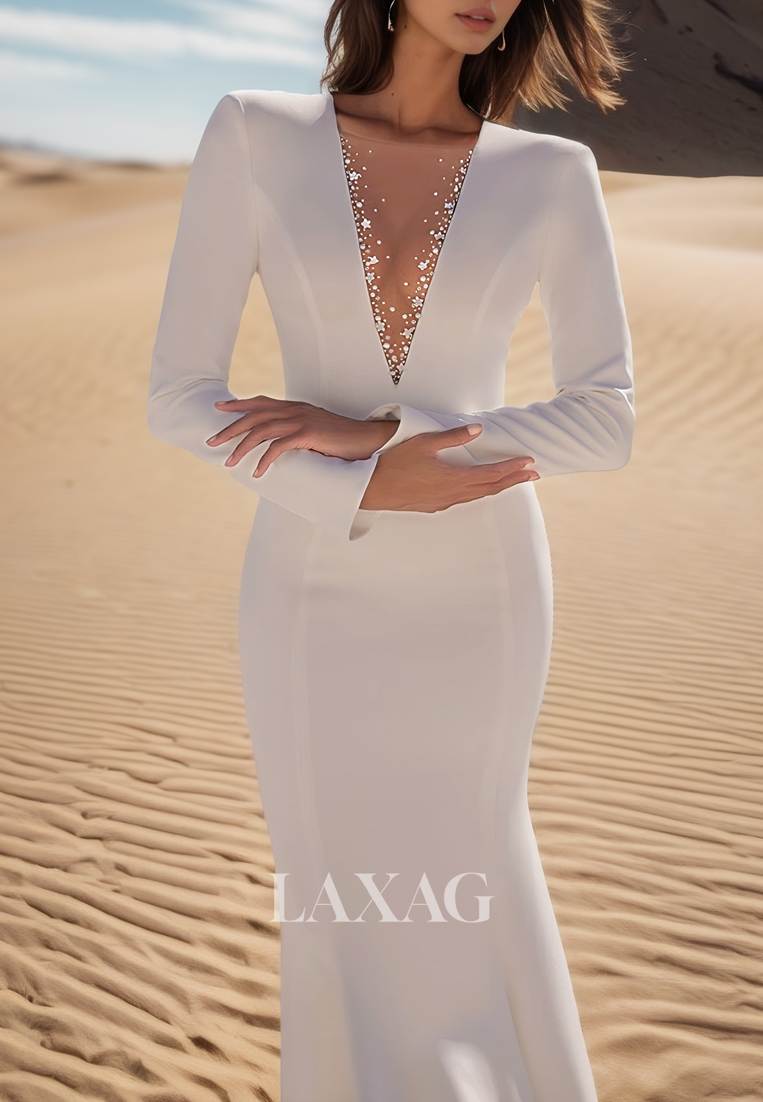 Deep V-Neck Long-Sleeves Sweep Train Bride Gowns Sequined Beaded Pleated Satin Mermaid Wedding Dress