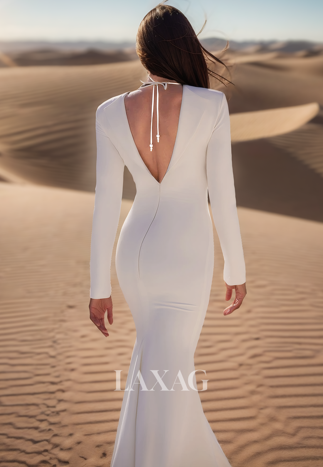 Deep V-Neck Long-Sleeves Sweep Train Bride Gowns Sequined Beaded Pleated Satin Mermaid Wedding Dress