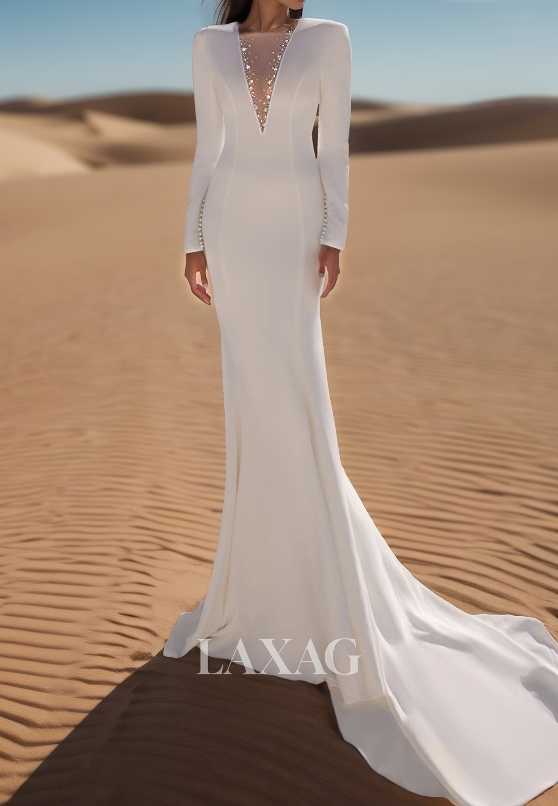 Deep V-Neck Long-Sleeves Sweep Train Bride Gowns Sequined Beaded Pleated Satin Mermaid Wedding Dress