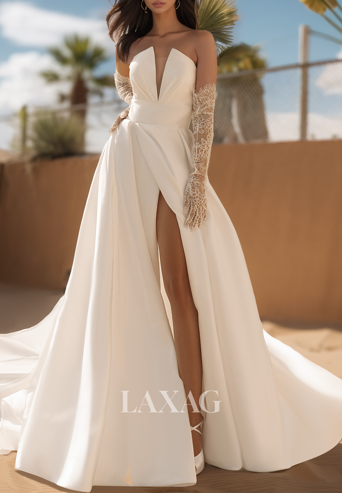 Deep V-Neck Off-Shoulder Sleeveless Bride Gowns Pleated Satin A-Line Wedding Dress with High Slit