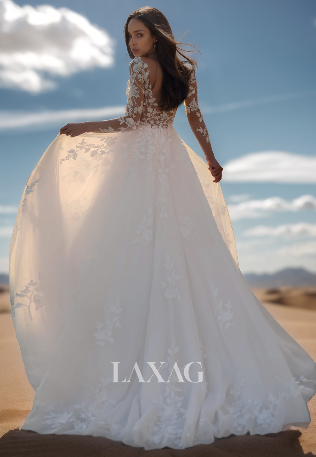 Deep V-Neck Long-Sleeves Tulle A-Line Wedding Dress Embroidered Applique Pleated Bride Gowns