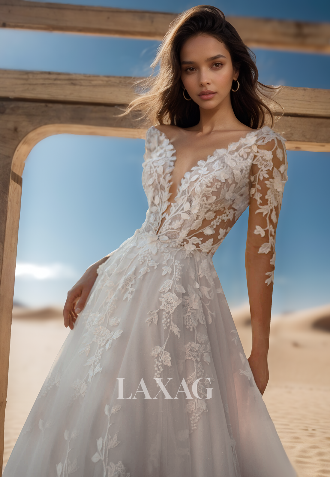 Deep V-Neck Long-Sleeves Tulle A-Line Wedding Dress Embroidered Applique Pleated Bride Gowns