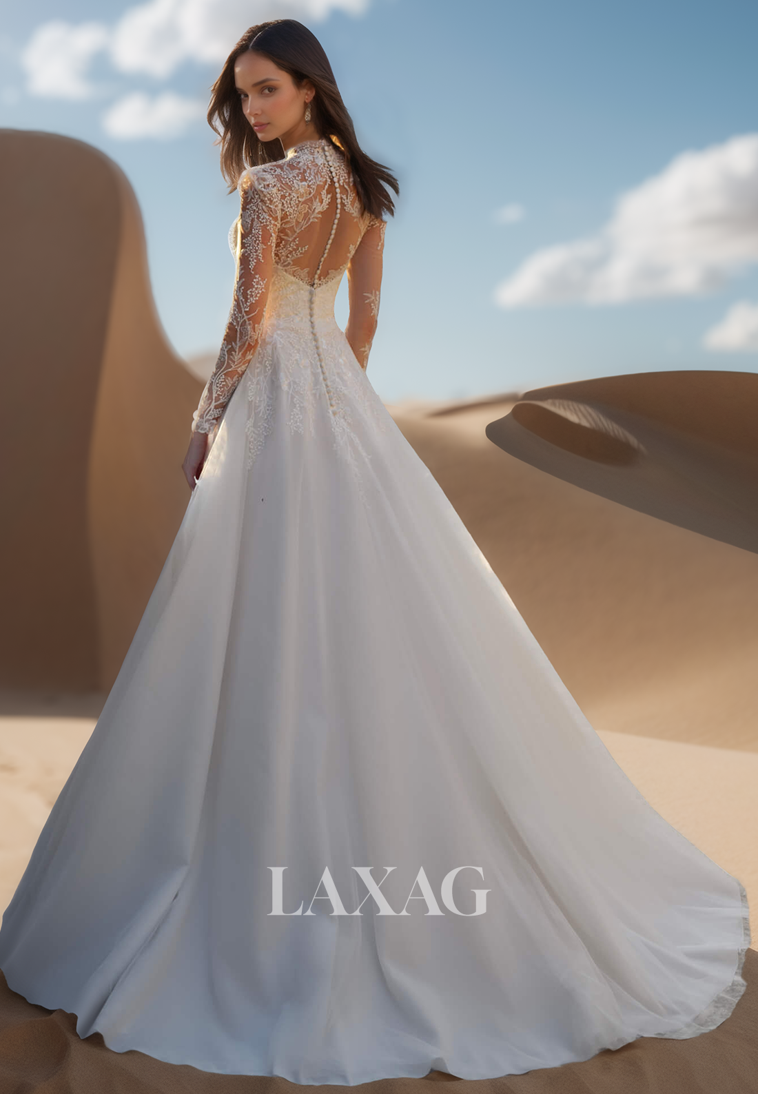 Deep V-Neck Long-Sleeves Lace Applique Pleated Sheer Tulle A-Line Wedding Dress with Train