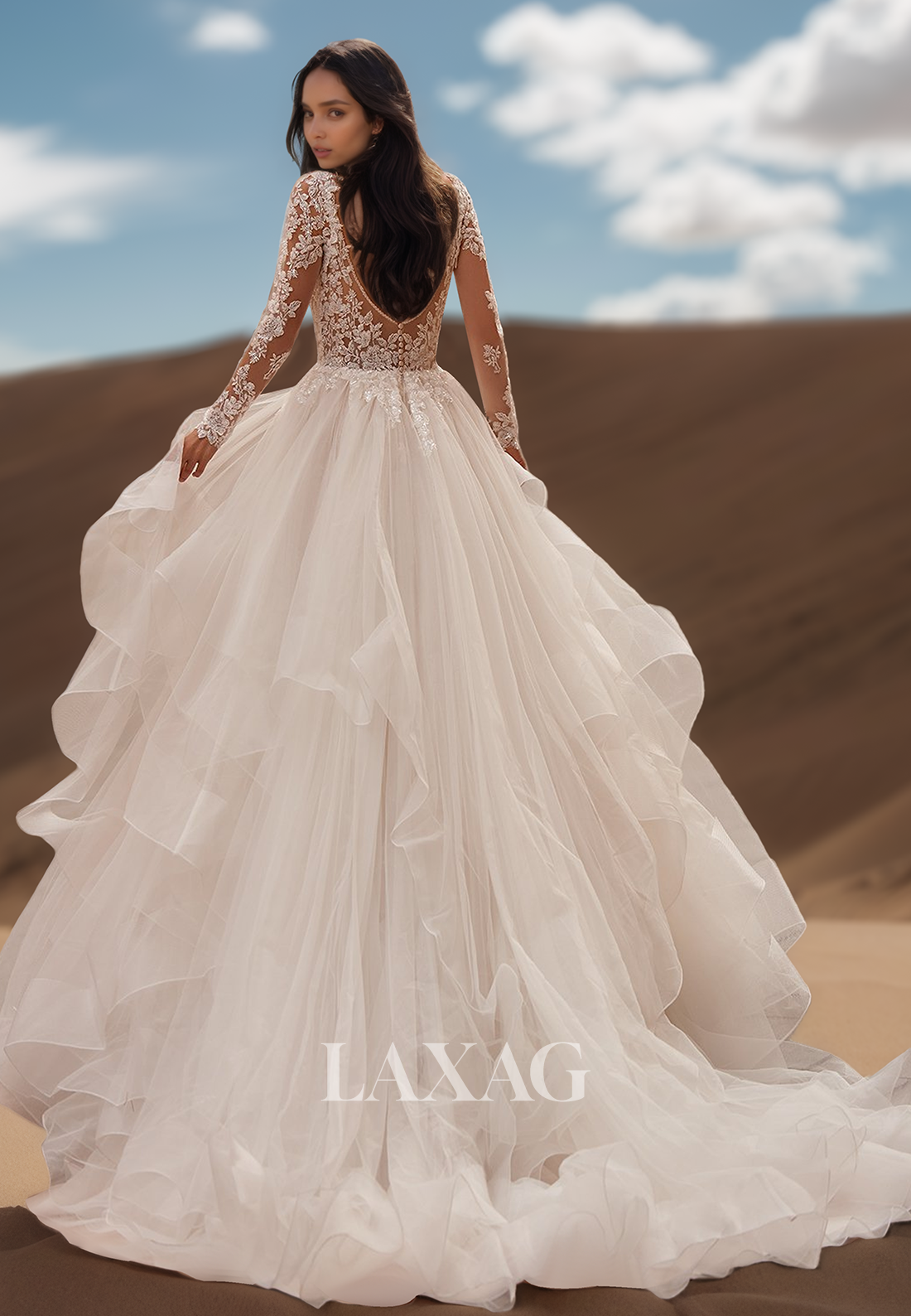 Deep V-Neck Long-Sleeves Pleats Sheer Bride Gown Applique Sequined Tulle Tiered A-Line Wedding Dress