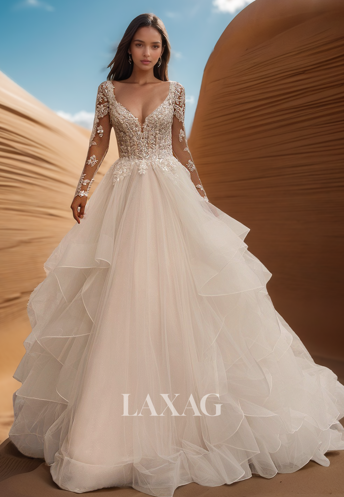 Deep V-Neck Long-Sleeves Pleats Sheer Bride Gown Applique Sequined Tulle Tiered A-Line Wedding Dress
