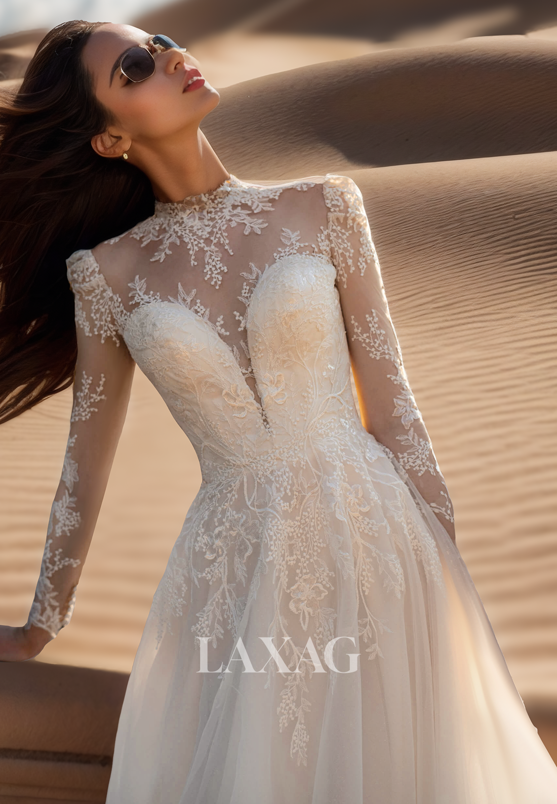 Deep V-Neck Long-Sleeves Lace Applique Pleated Sheer Tulle A-Line Wedding Dress with Train
