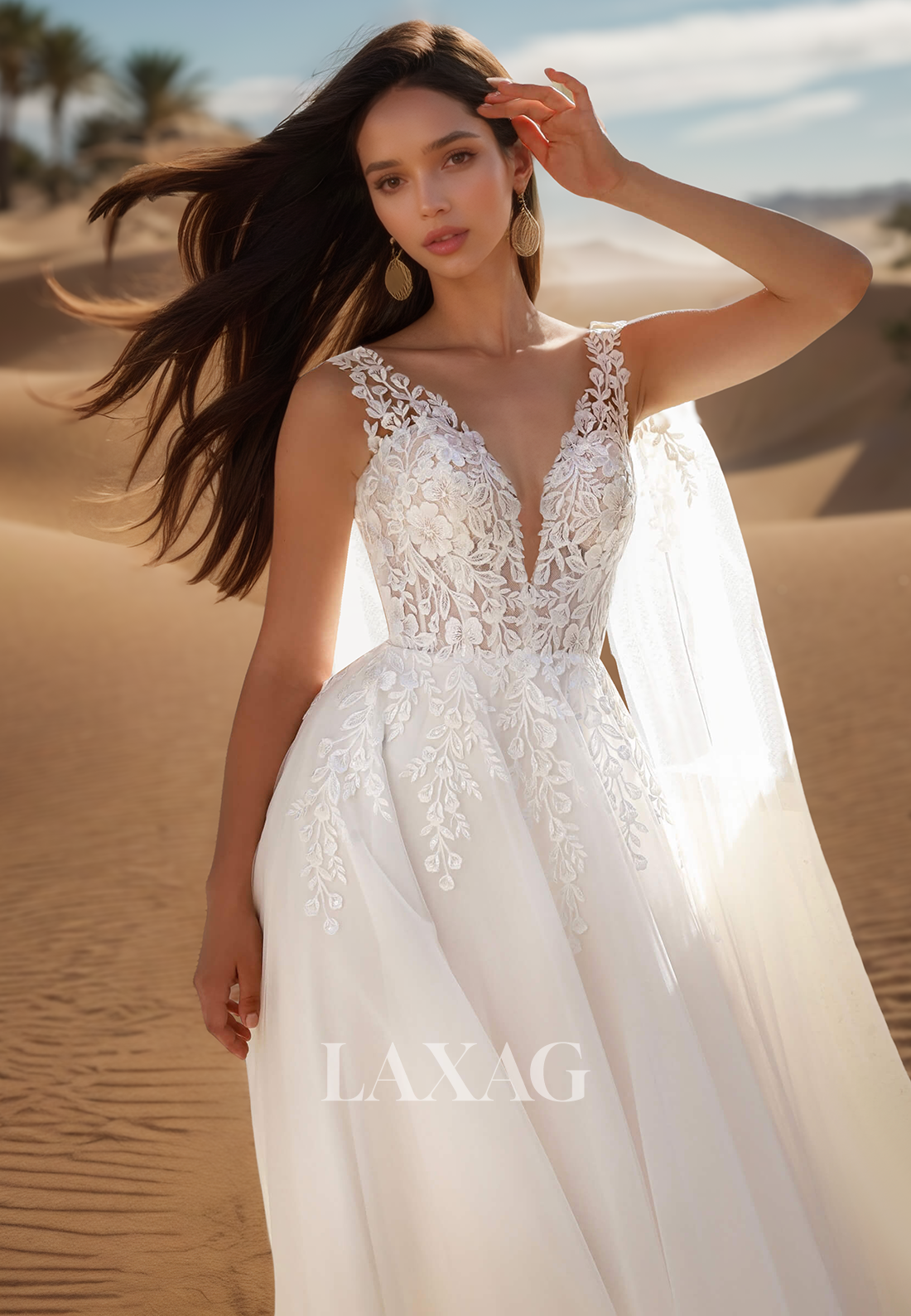 Deep V-Neck Straps Applique A-Line Wedding Dress Off-Shoulder Sleeveless Sweep Train Chiffon Bride Gowns