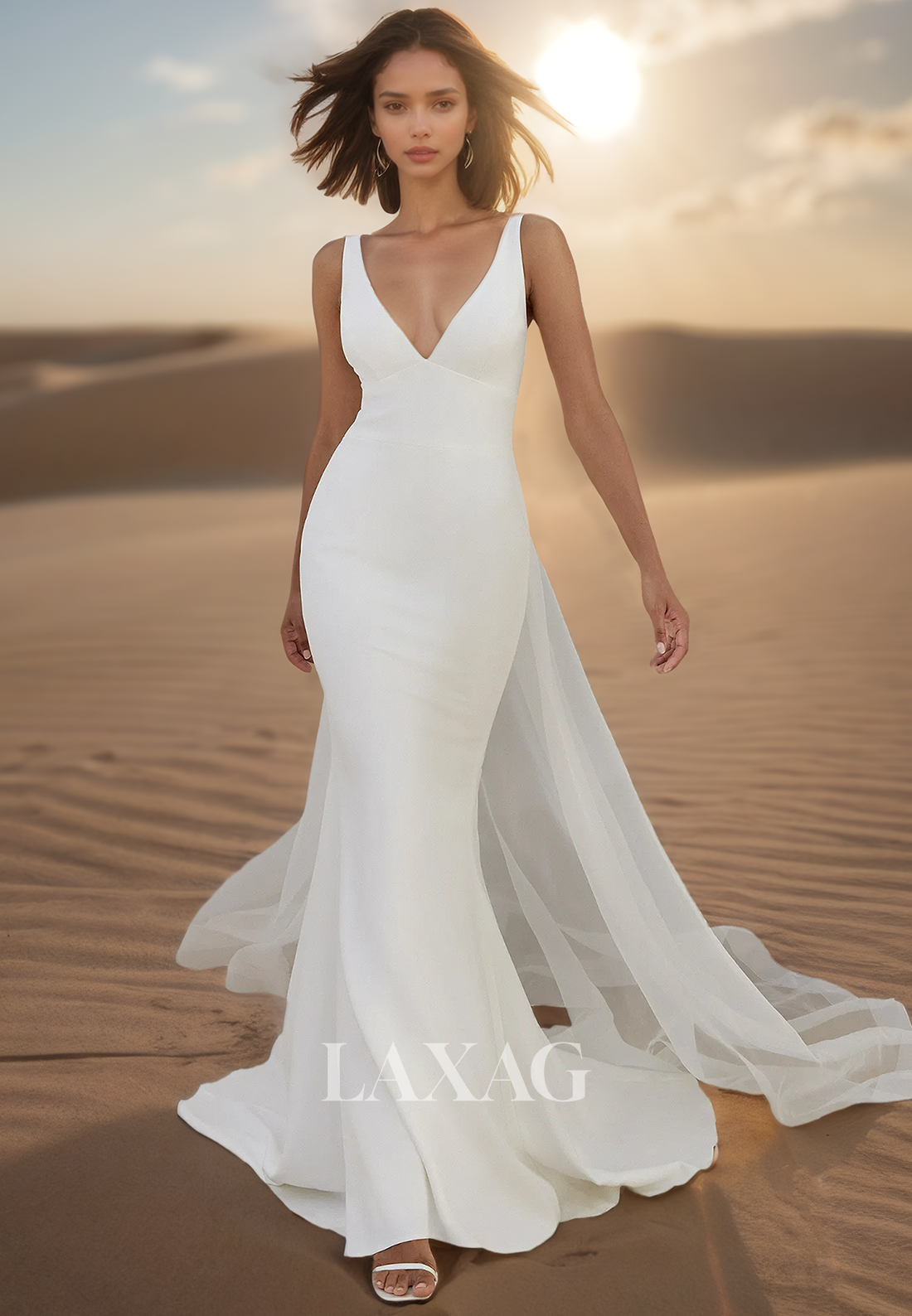 Deep V-Neck Straps Off-Shoulder Mermaid Wedding Dress Sleeveless Satin Bride Gowns with Tulle Train