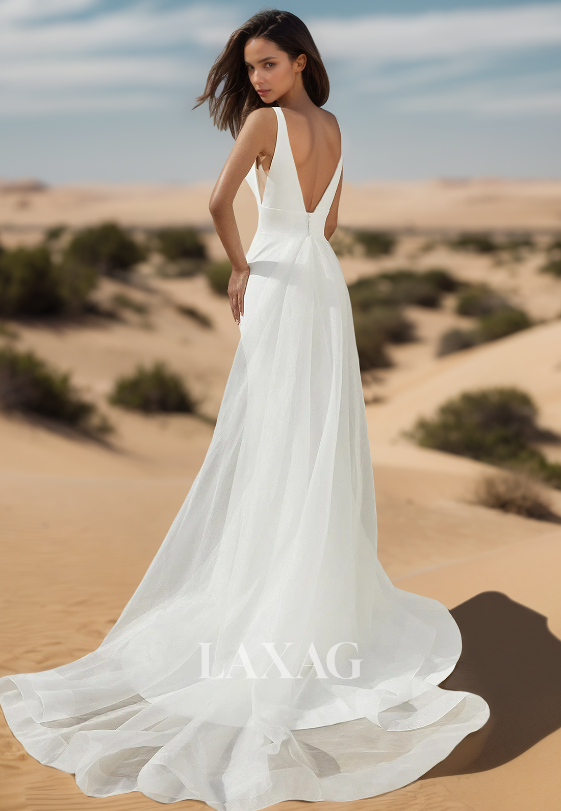 Deep V-Neck Straps Off-Shoulder Mermaid Wedding Dress Sleeveless Satin Bride Gowns with Tulle Train