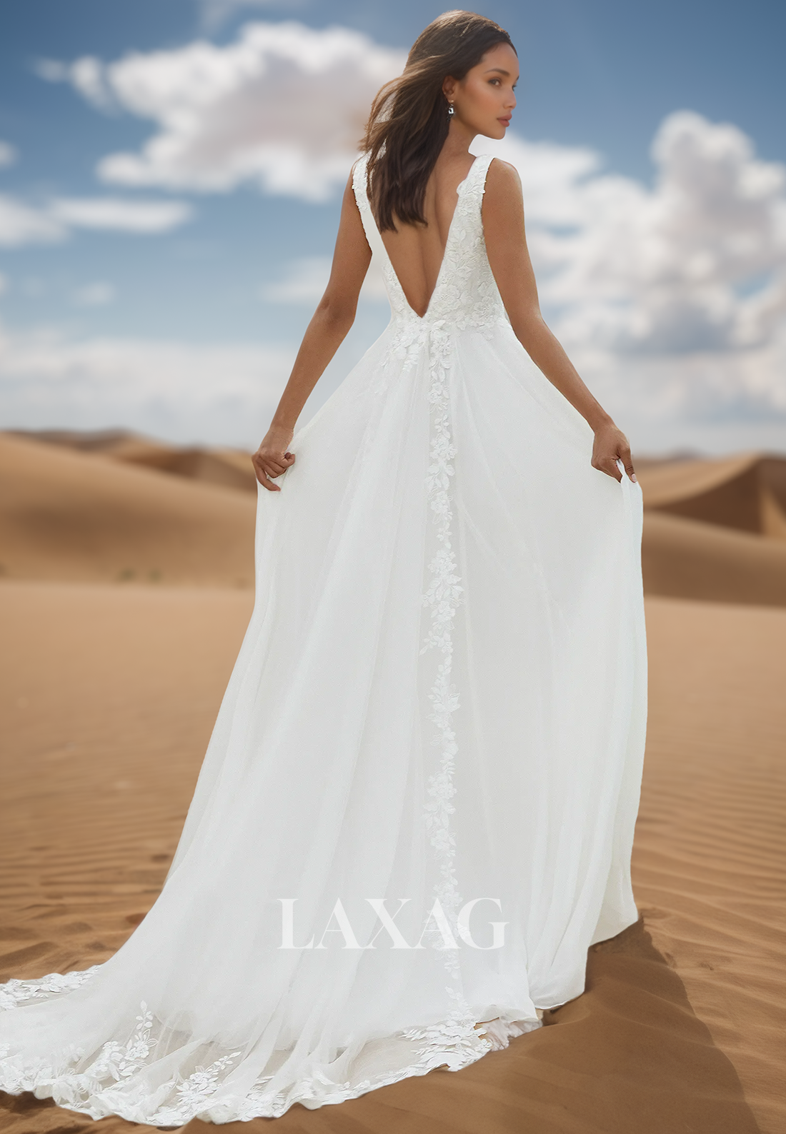 Deep V-Neck Straps Off-Shoulder Sleeveless Beaded Applique Pleated Sweep Train Chiffon Wedding Dress