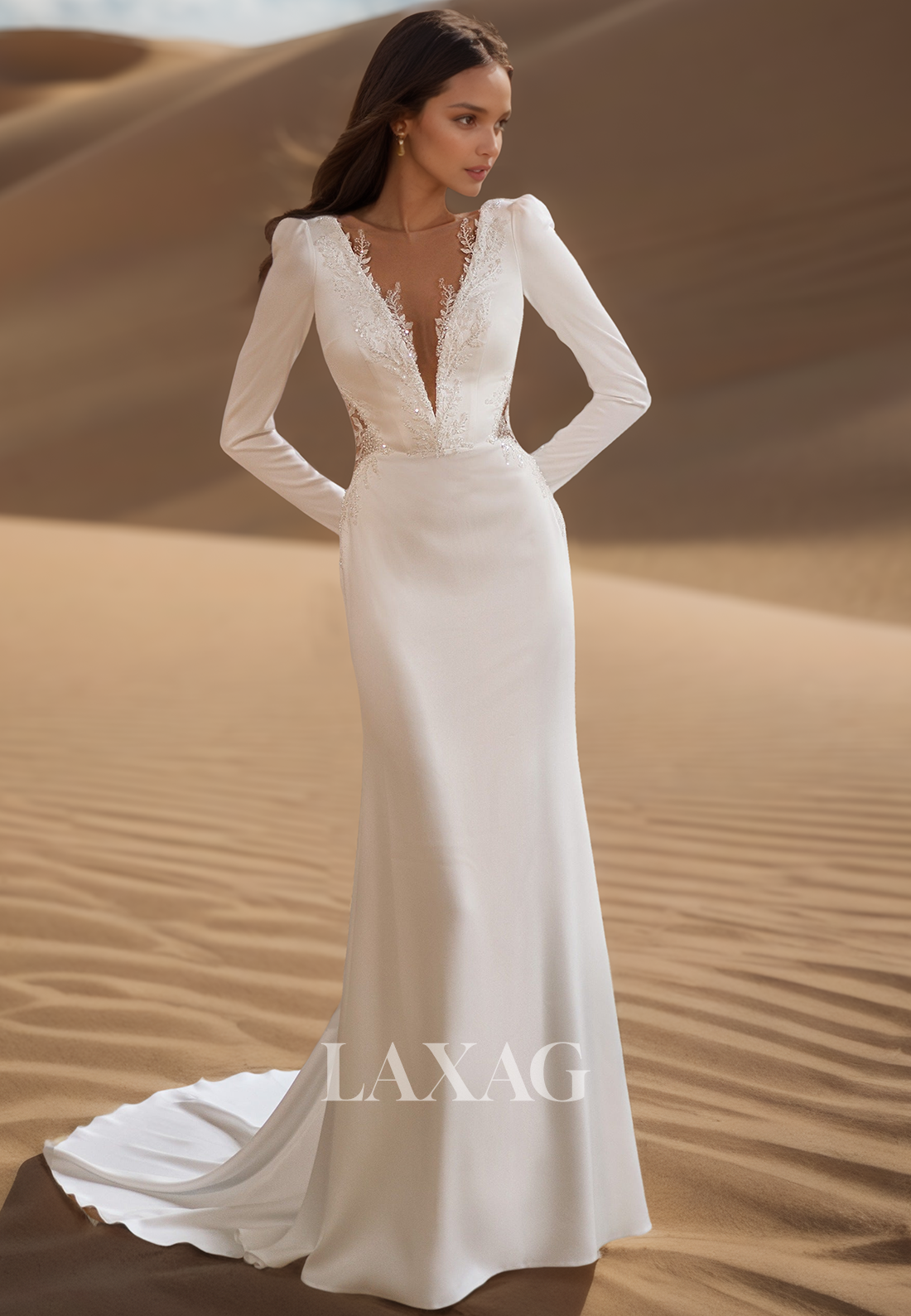 Deep V-Neck Long-Sleeves Satin Bride Gowns Beaded Applique Meramid Wedding Dress with Sweep Train