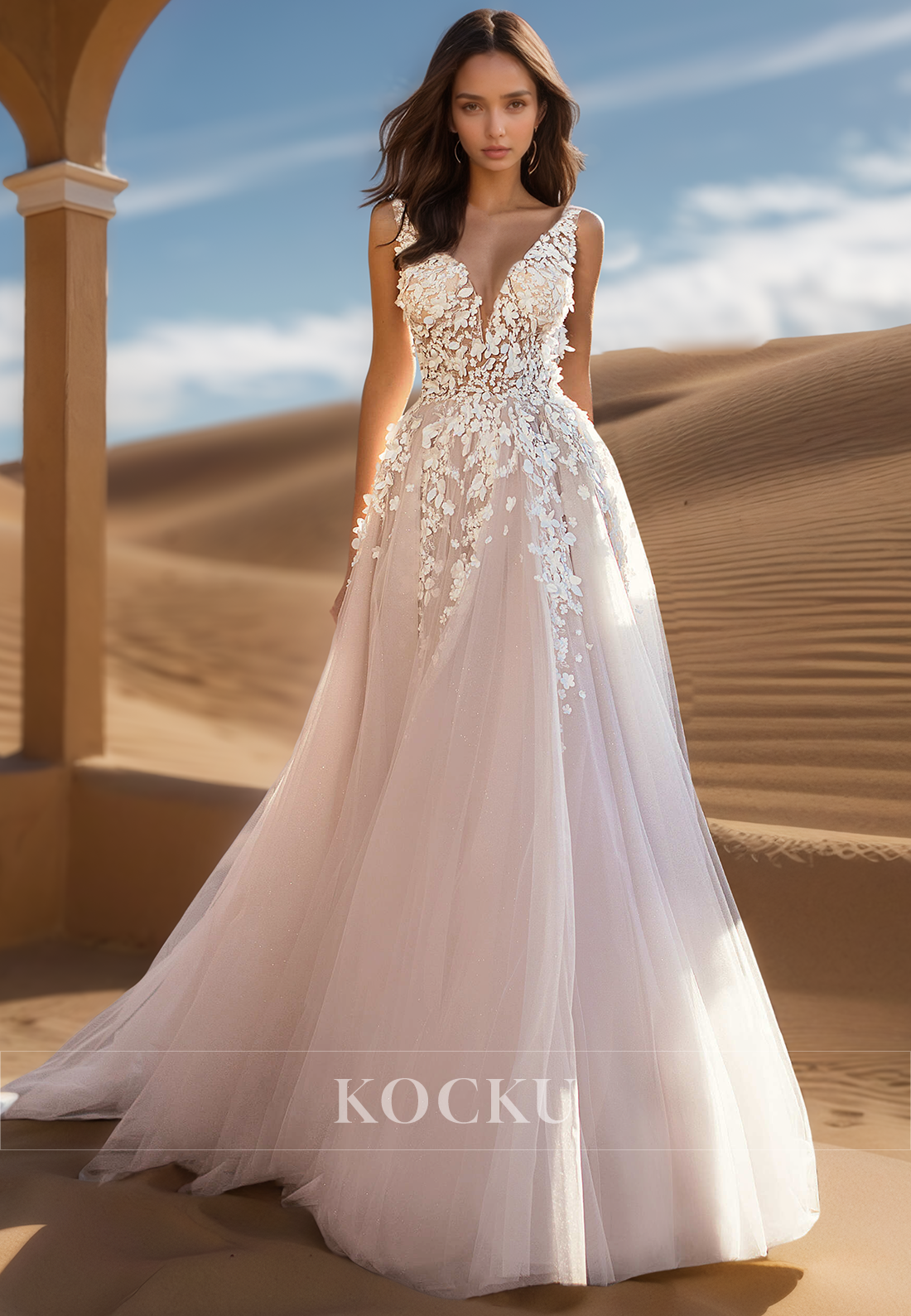 A Line Deep V neck Romantic Lace Appliques Cheap Wedding Dress