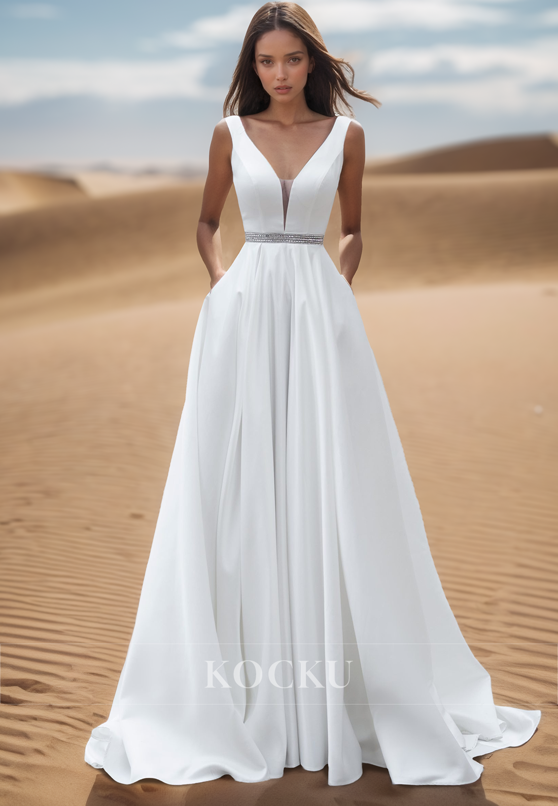 A Line Deep V Neck Satin Cheap Simple Wedding Dress with Pockets