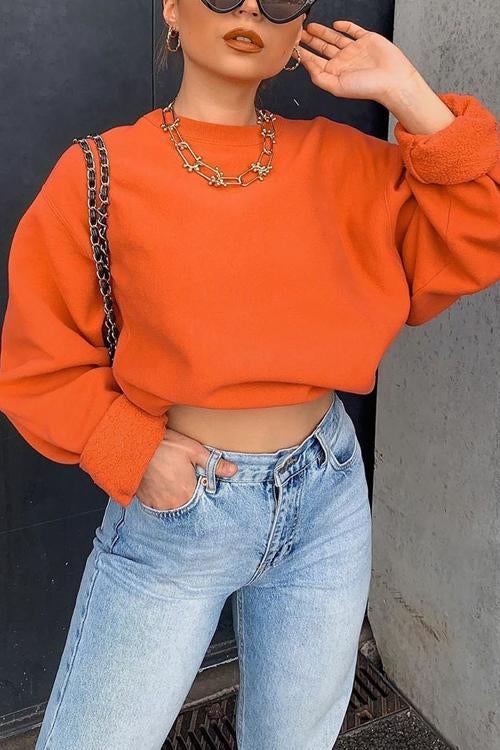 Solid O Neck Long Sleeve Hoodie