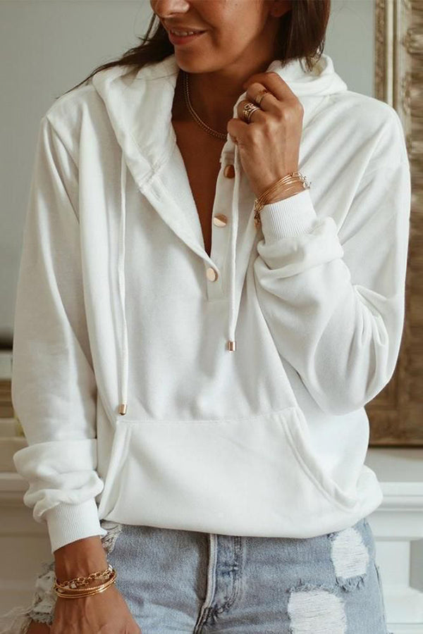 Solid Button Drawstring Hoodie